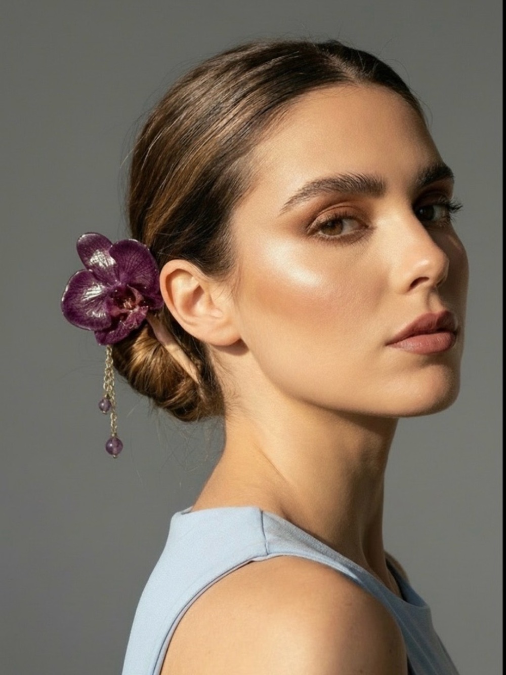 Purple Orchid Hair Pin with Dangle Beads - Women Accessories